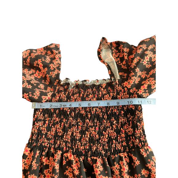 Resa Orange Black Daisy Smocked Stretch Floral Blake Mini Dress Size Small - Picture 7 of 9